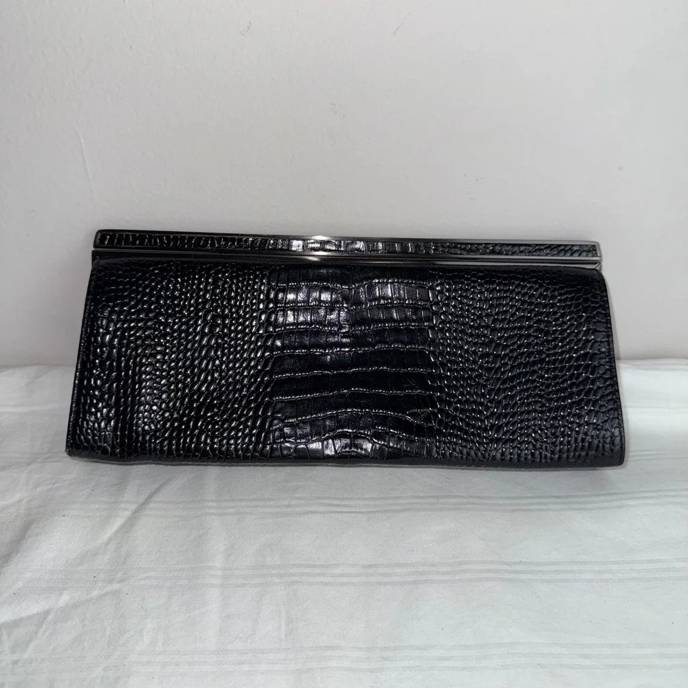 Ann Taylor Black Crocodile Embossed Clutch Evening Bag Purse Party‎ Cocktail